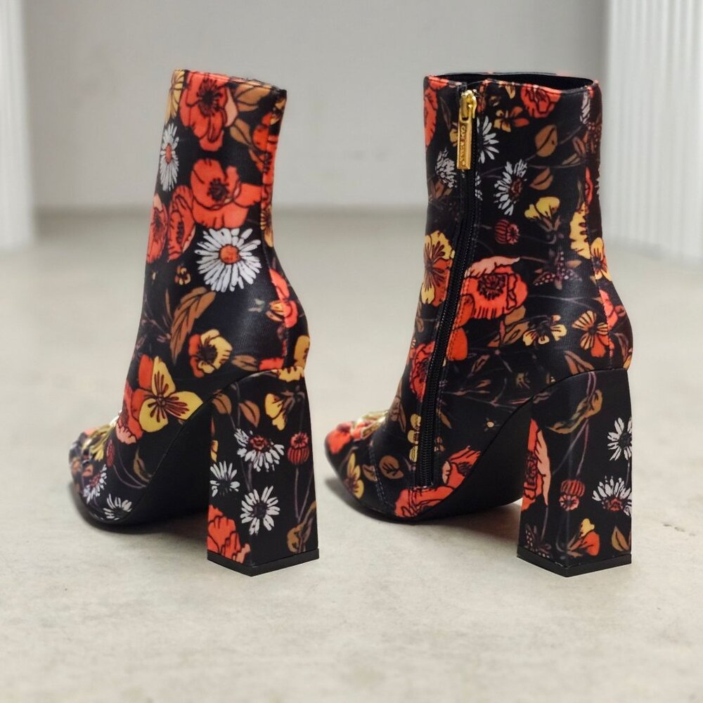 Floral Block Heel Ankle Boots With Gold Buckle Detail & Side Zipper Closure - Picture 5 of 9